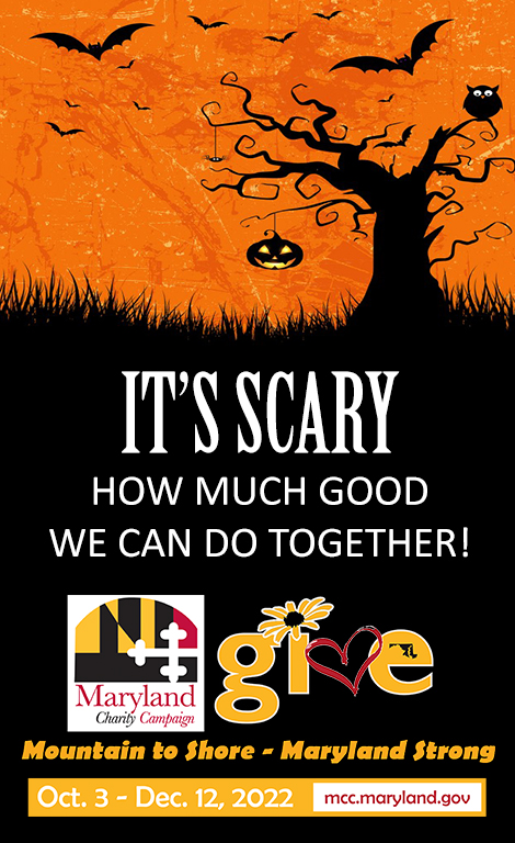 a jack o'lantern, bats, and owl in a black tree with orange background and the words It's Scary How Much Good We Can do Together!
